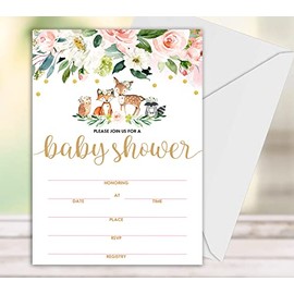 Geuro Baby Shower Invitations, Floral Wooden Animals Fill In Invites Cards wih Envelopes, Fox owl deer,Set of 25.