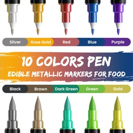 Jewem Edible Markers for Cookie Decorating, 10Pcs Upgrade Grade Metallic Gold Shimmering Food Markers, Double Sided Tip Edible Ink Pens for Decorating Cakes, Fondant, Frosting, Macarons & Baked Desserts
