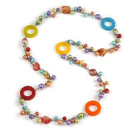 Avalaya Long Multicoloured Pearl, Shell and Resin Ring with Silver Tone Chain Necklace - 104cm Long