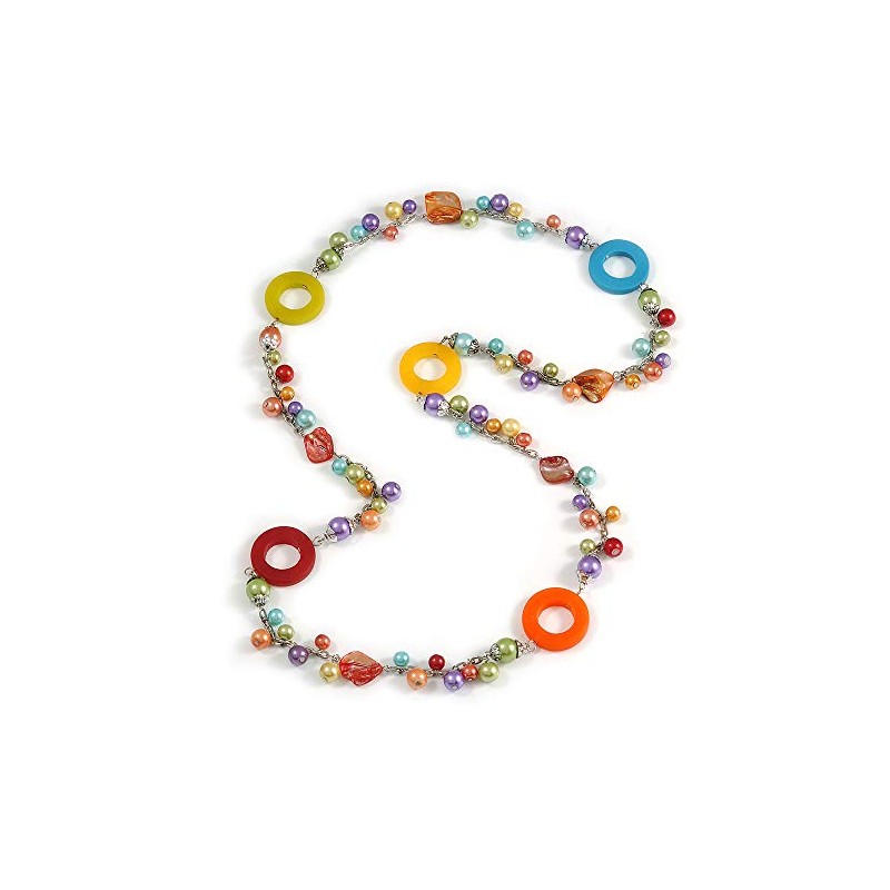 Avalaya Long Multicoloured Pearl, Shell and Resin Ring with Silver