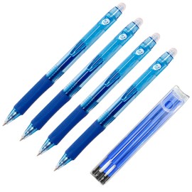 RAYLU PAPER® - Pack of 4 Retractable Erasable Ballpoint Pens and 3 Refills with Hybrid Gel Ink Blue and 0.7mm Line Width (4 Blue + 3 Spare Parts)