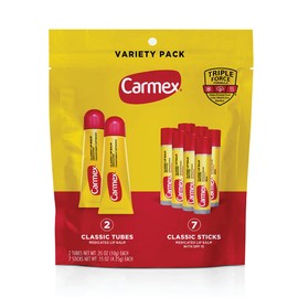 Carmex Paquete de bálsamo labial medicado clásico, hidratante labial para labios agrietados, paquete variado de 9 unidades (2 tubos, 7 palos)
