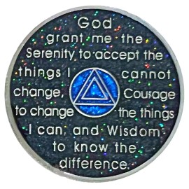 Simply Minimal AA 5 Year Medallion, Silver Color Plated, Black Rainbow & Blue Glitter, Alcohol