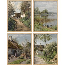 SIGNWIN Framed Poster Charming European Cottage Rustic Village Landscape Wilderness Nature Illustrations Decorative Country/Farmhouse Vintage for Living Room, Bedroom, Office - 12"x16"x 4 Natural