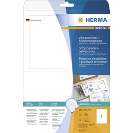 HERMA 8316 Versandetiketten mit Einlieferungsbeleg blickdicht, 25 Blatt, 182 x 130 mm, 1 pro A4 Bogen, 25 Stück, selbstklebend, bedruckbar, matt, blanko Papier Adressetiketten Aufkleber, weiß