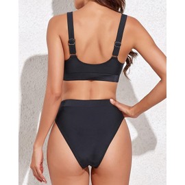 MAIABLEAU Womens Bikini Sets Crop Top Bathing Suits Tummy Control Two Piece Swimsuits Black M