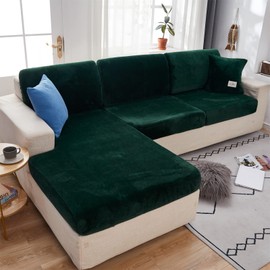 MIFXIN Couch Cushion Slipcover Sofa Cover Velvet Stretch Universal Elastic L Shape Sectional Sofa Seat Cover Wear-Resistant Furniture Protector (Dark Green, Chaise Cover)