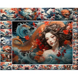Decoupage Paper Pack (35 Sheets 6"x8") Incredible Textrued Art of Colourful Waves and Dragons with Gorgeous Ladies Japan Watercolor FLONZ Vintage Pictures Cards for Decoupage, Craft and Scrapbooking