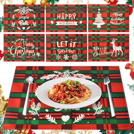 LPAMABA Set of 6 Linen Christmas Placemats, 44.5 x 31.5 cm, Place Mats, Christmas Table Mats, Coasters, Non-Slip Christmas Table Set, Heat Resistant, Washable