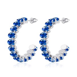 Linawe Sapphire Blue Silver Half Hoop Earrings for Women, Hypoallergenic Huggie Earrings, Birthstone Cubic Zirconia Rhinestone Imitation Diamond Crystal Titanium Hoop Earrings