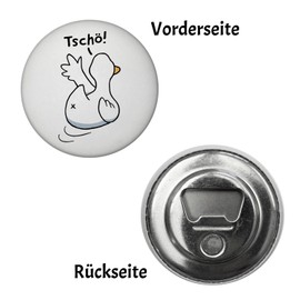Duck waving farewell magnet with bottle opener round with saying "Tschö" funny retirement greeting goose waving man colleague farewell
