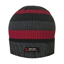 RockJock Striped Knitted Fleece Lined Beanie HAT with R40 Thermal Insulation Black/RED