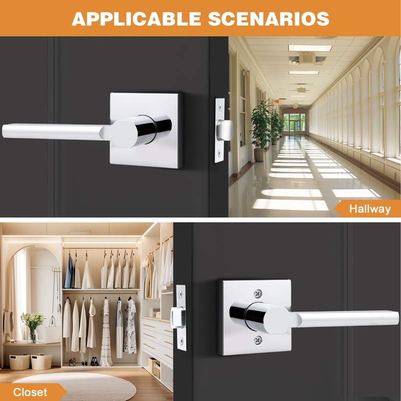 Probrico Square Polished Chrome Passage Door Handle Heavy Duty Keyless