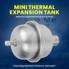 Supply Giant 2 Gallon Capacity Mini Thermal Expansion Tank for Tankless or Point-of-Use Water Heaters, 304 Stainless Steel, Pre-set at 50 PSI, Max Pressure 145 PSI