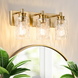 AMRUIPO 3 Light Bathroom Vanity Light Modern Brushed Gold Bathroom Light Fixtures Over Mirror with Hammered Glass Lampshade for Kitchen Hallway