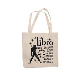 Libra Zodiac Signs Tote Bag - Long Handled Natural Colour Shopper with Astrology Star Sign Design