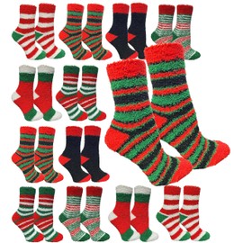 Yacht & Smith 12 Pairs Christmas Fuzzy Socks, Womens Holiday Slipper Sock, Furry, Bulk Gift Holiday Stocking Stuffer (Fuzzy Christmas Socks Womens)