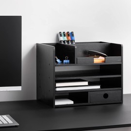 Navaris Bamboo Desk Organizer - Desktop Table Storage Drawers and Compartments for Organizing Stationery, Documents, Files, Office Accessories - Black