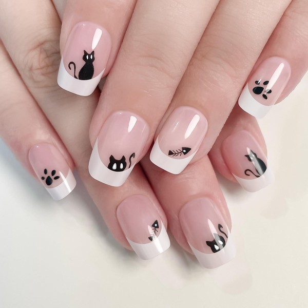Black Cat and White Strips Square Press On Nails