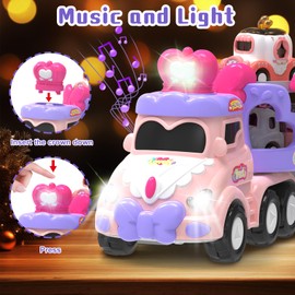 seveclotree Car Toys for 2 3 4 5 6 7 Year Toddler Girl,Princess Carrier Truck with Sound & Lights,Christmas Birthday Gifts for Kids Girls Age 3-12