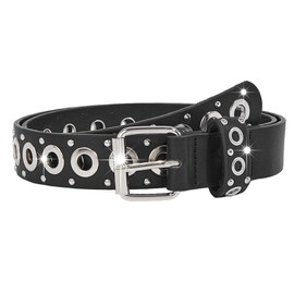 Obmyec Grommet Leather Belt Black Waist Belts for Women Punk Rock Style Studded Holes Belt for Men (Black)