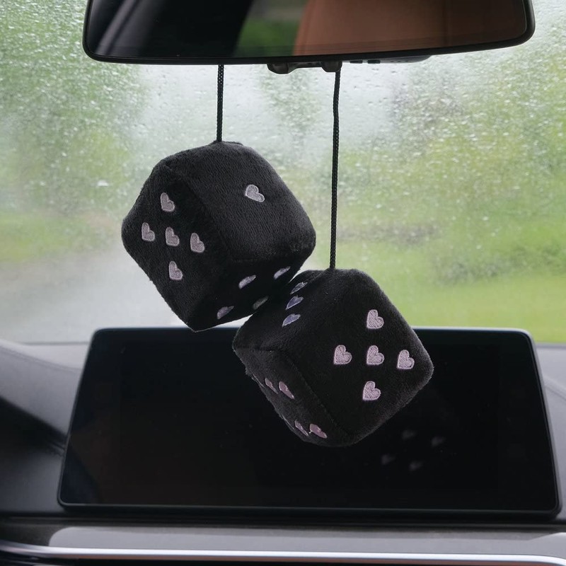 Pair 3” Fuzzy Plush Dice Heart Shape Decor for Car