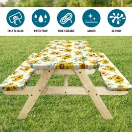 Sunflower Picnic Table Cover with Bench Covers, Yellow Buffalo Plaid Farmhouse Elastic Camping Table Cloth Picnic Party Essentials, Vintage Floral Rectangular Table Cloth Cover