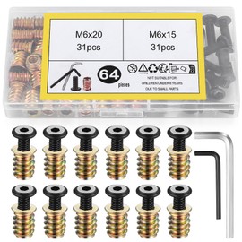 31Sets Furniture Screw Nut Threaded Inserts for Wood 1/4-20 Threaded Insert Nuts: 1/4-20 x 3/4" Furniture Screws, 1/4-20 x 19/32" Threaded Wood Inserts Bolts, Hex Socket Drive Screw-in Nuts Fastener