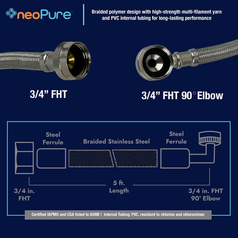 Neo-Pure 30" or 60" Braided SS Washing Machine Hose, 3/4"