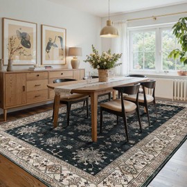 Rugxara 8x10 Area Rugs for Living Room, Large Washable Rug, Black Vintage Floral Boho Rug, Non Slip & Low Pile Faux Wool Thin Carpet for Indoor Dining Room, Bedroom and Farmhouse(Black 8x10ft)