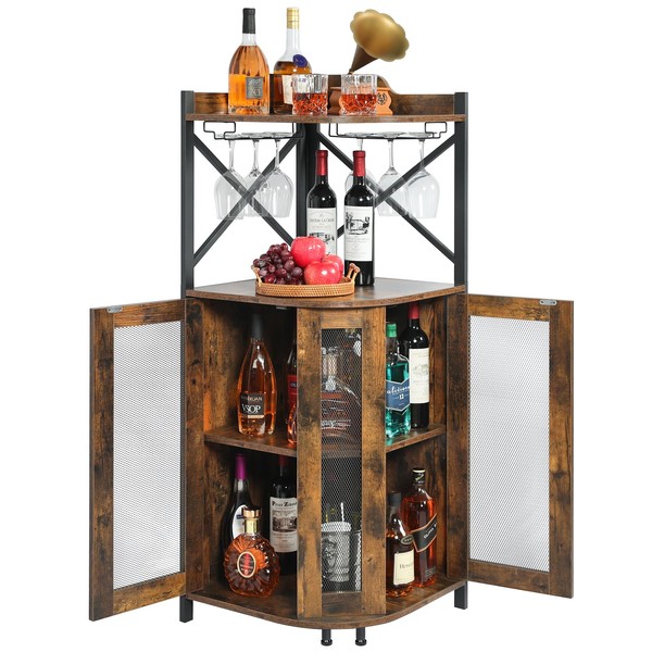 JKsmart Corner Bar Cabinet with Glass Holder,Industrial Wine Cabinet with