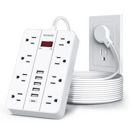 10 Ft Long Extension Cord,Power Strip Surge Protector HUNIAN Flat Plug with 8 Widely Spaced Outlets 6 USB(1 USB C Port), Wall Mount Charging Station for Home and Office,White