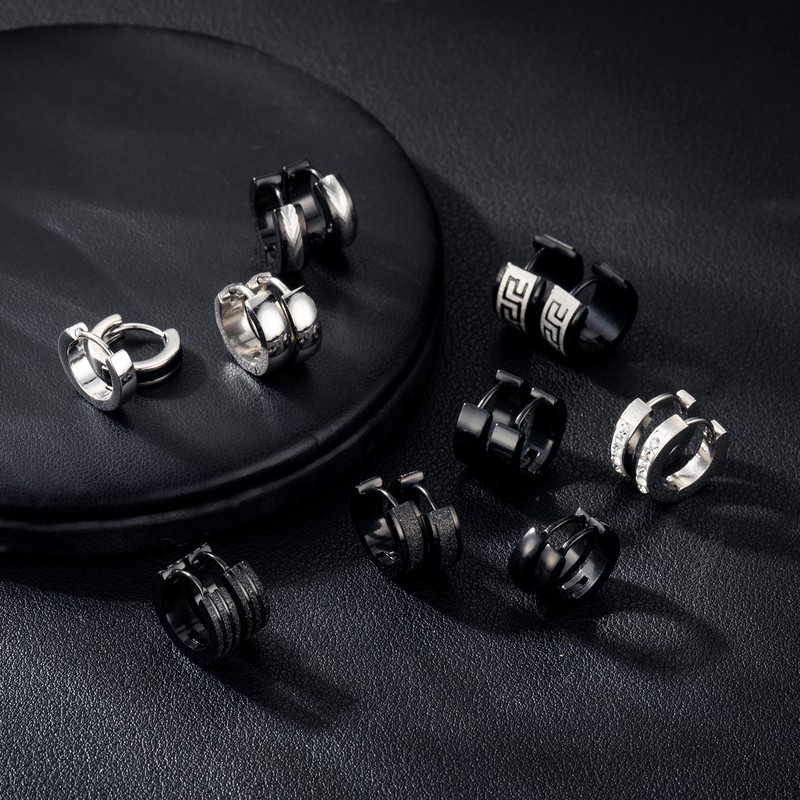 RIOSO 9Pairs Hoop Earrings for Men Stainless Steel Black Men's
