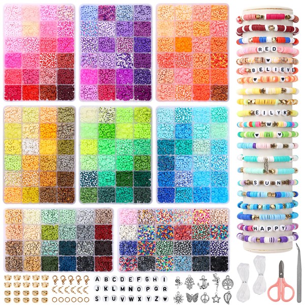 QUEFE 15360pcs, 192 Colors Clay Beads for Bracelet Making Kit Flat Round Polymer Spacer Heishi Beads Jewelry with Pendant Charms Letter and Elastic Strings