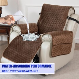 Luckyjoyreal 100% Water-Absorb Recliner Cover with Leg Straps, Velvet Quilted Chair Cover with Pocket, Anti-Slip for Pets Dogs, Brown 28" 1 Piece