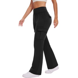 Hispotim Flare Leggings for Women with 6 Pockets Cargo Leggings High Waisted Pants Gym Casual Workout Leggings, Black(M)
