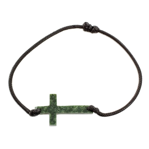 NOVICA Artisan Handmade Jade Pendant Bracelet Crossshaped Dark Green from