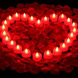 Cridoz - Pétalos de Rosa Roja Artificial 2000 Piezas con 24 Velas LED Rojas para Decoración Romántica