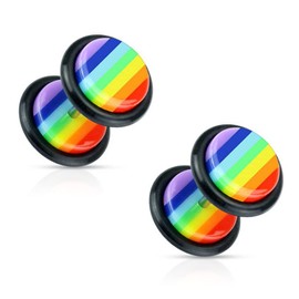 Pierced Owl 16GA Rainbow Striped Gay Pride Fake Cheater Plugs Earrings, Sold as a Pair, Acrylic, Stainless Steel