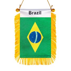 WXTWK 3 X 5 Inch Brazil Flag Brazilian Window Hanging Flag Small Mini Car Flags Banners Rearview Mirror Decoration With Suction Cup Golden Fringy Banner