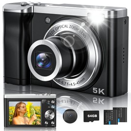 5K Digital Camera,10X Optical Zoom Vlogging Camera with 64GB Card, 56MP Front and Rear Selfie Lens, Flash, Compact Cameras for Photography and Video, 3" Touch Screen & Two Batteries