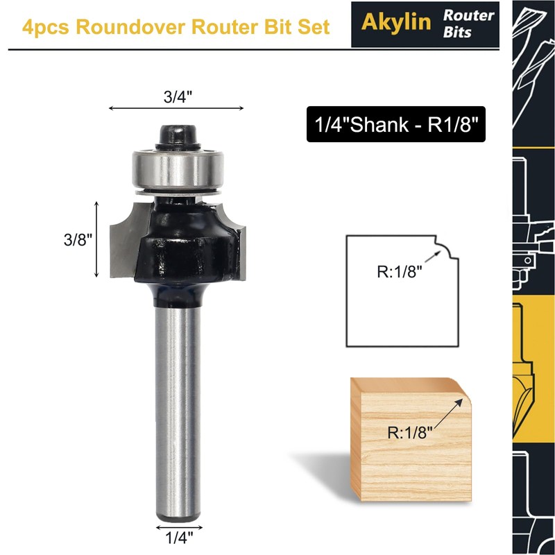 4PCS Roundover Router Bit Set, 1/4 inch Shank，Corner Rounding Edge
