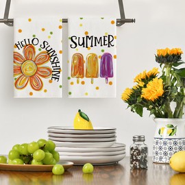 Artoid Mode Dots Popsicles Flowers Summer Kitchen Towels Dish Towels, 18x26 Inch Farmhouse Hello Sunshine Decoration Hand Towels Set of 2