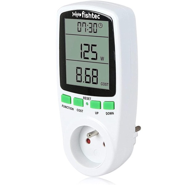FISHTEC Wattmeter - Stromverbrauchszähler - Kostenkontrolle - mit großem LCD-Bildschirm
