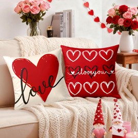Valentines Day Decorations-Valentine Pillow Covers 18x18 Set of 4, Red Hearts I Love You Happy Valentine's Day Throw Outdoor Pillow Covers Anniversary Wedding Cushion Case for Home Sofa Couch Decor