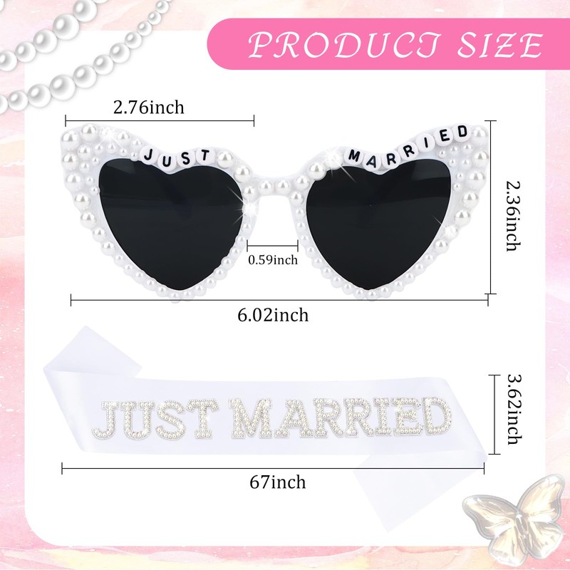 CIEHER Just Married Pearl Bride Sash and Bride Heart Shaped