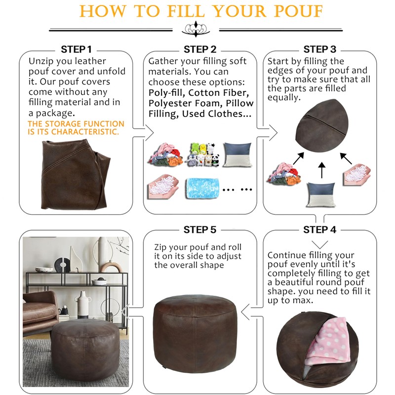 Thgonwid Unstuffed Faux Leather Pouf Cover, Handmade Footstool Ottoman Storage