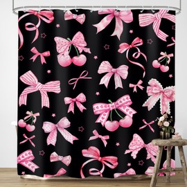 LIGHTINHOME Pink Black Bow Shower Curtain 72Wx72H Inches Cherry Girly Preppy Modern Fruit Pretty Sweet Aesthetic for Girls Teens Cloth Fabric Waterproof Polyester Bathroom Home Decor Set with Hooks