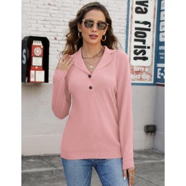 LOMON Fall Sweaters for Women 2025 V-Neck Button Lightweight Dressy Pullover Ladies Cute Knitted Collared Tunic Sweater Winter (Pink,Large)