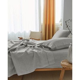 Simple&Opulence 100% Belgian Linen Sheet Set Handmade Hemstitch Light Grey King Size Bed Sheet-4 Piece (1 Flat Sheet+1 Fitted Sheet+2 Pillowcases)-Natural Flax Farmhouse Bedding